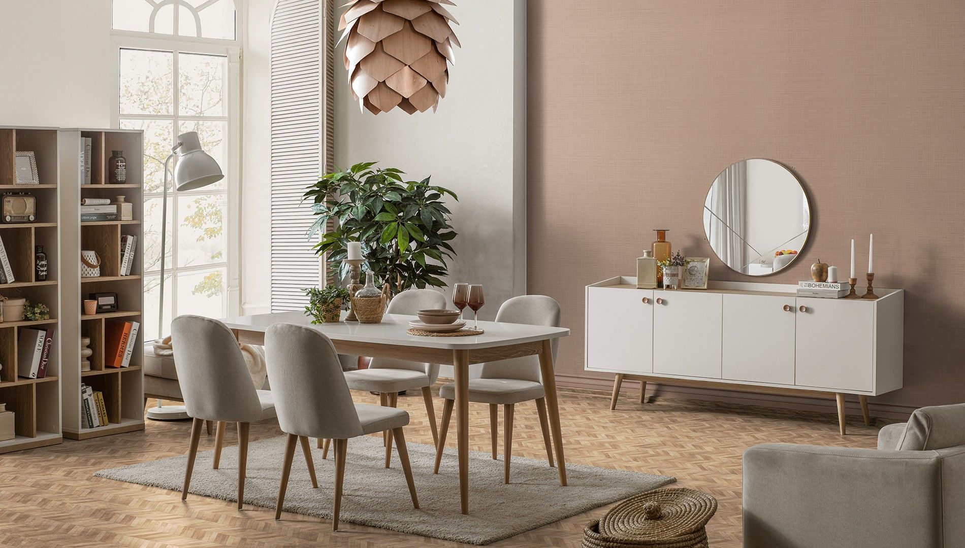 Bohem Yemek Odası Konsol ve Ayna + Masa + 6 Sandalye